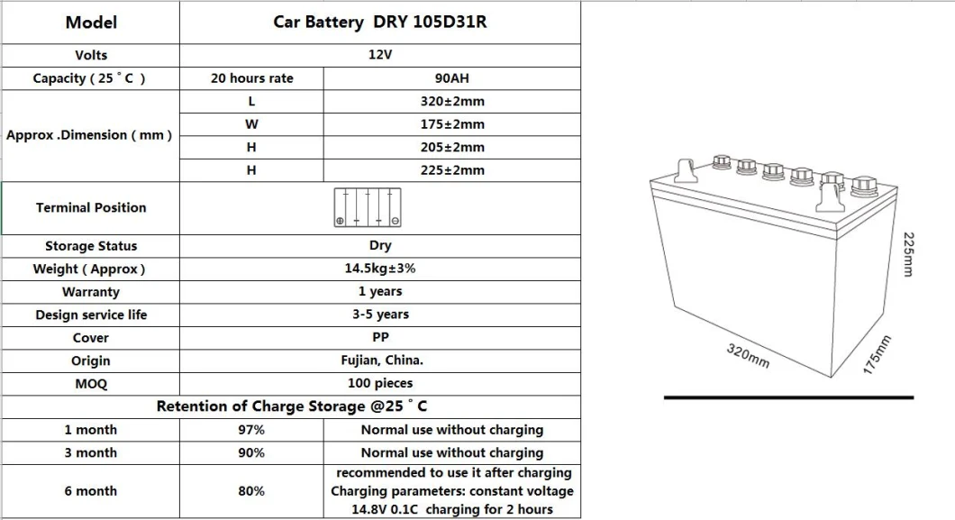 Dry charged automobile car battery TCS DRY 105D31R