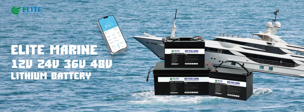 Elite IP65 Bluetooth Rechargeable 12V 24V 36V 48V 60ah 105ah Lithium Solar LiFePO4 Storage LiFePO4 Li-ion Battery for Golf Cart / Marine /Boat /Trolling Motor